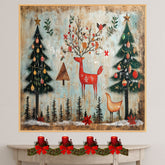 Rustic Christmas Folk Art with Red Reindeer, Holiday Trees, Birds, Ornaments, and Nature Accents in a Woodland Winter Scene on Ready to Hang 1.5" Thick Canvas Wrap, Floating Framed Canvas, Flat Rolled Canvas